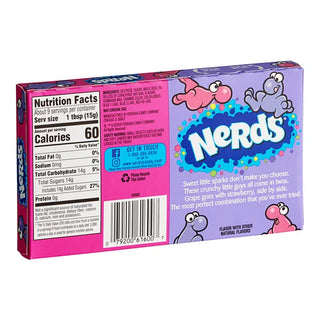 Nerds candy box back, pink and purple, nutrition facts, grape strawberry flavors