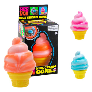 Nee Doh Nice Cream Cone squishy stress toy shown in three color variants with packaging box