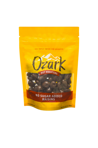 Ozark Nut Roasters No Sugar Added Raisins in yellow resealable bag, 3.5 oz