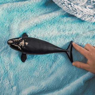 Schleich North Atlantic Right Whale figurine held by hand on teal blue textured blanket background