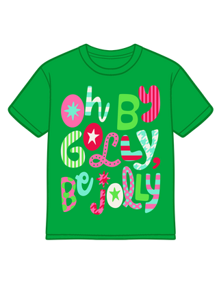 Poppy & Pine green kids tee with colorful Oh By Golly Be Jolly holiday graphic