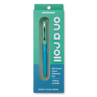 Snifty On A Roll soft-touch liquid rollerball pen in aqua displayed in teal retail packaging