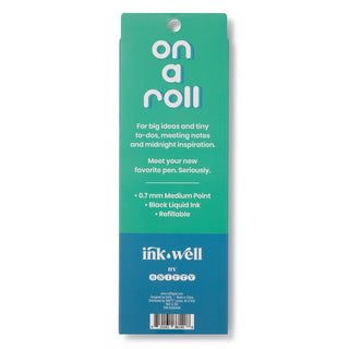 Back of Snifty Ink Well On A Roll rollerball pen packaging in aqua and marine blue