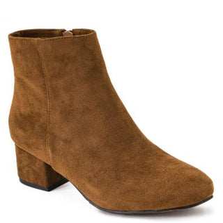 Corky's chestnut suede ankle boot with block heel and side zipper