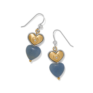 Brighton One Heart Duo drop earrings featuring gold heart charm and blue stone heart on silver french wire