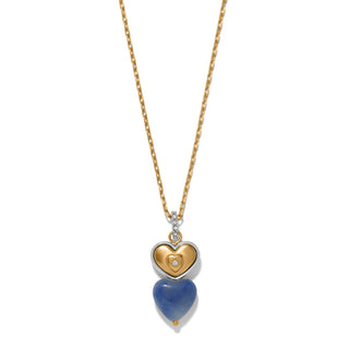Brighton One Heart Duo Heart Petite Necklace with gold heart pendant and blue stone drop
