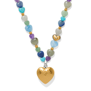 Brighton One Heart necklace with multicolor gemstone hearts and hammered gold heart pendant