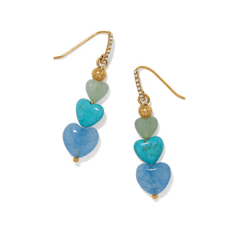 Brighton triple heart drop earrings in jade, turquoise, and blue stone with gold French wire hooks
