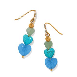 Brighton triple heart drop earrings in sage, turquoise, and blue stones with gold crystal french wire hooks