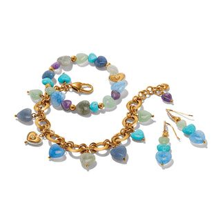 Brighton gold chain bracelet and earrings set with multi-colored heart-shaped gemstone charms
