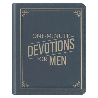 One-Minute Devotions for Men faux leather book with gold embossed text on steel blue cover