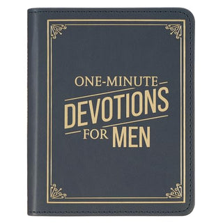 One-Minute Devotions for Men faux leather book with gold embossed title on dark navy cover