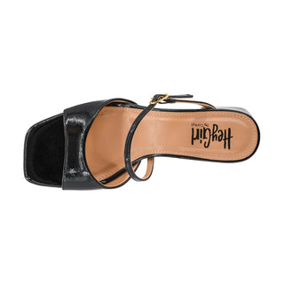 Top-down black patent leather mule with square toe wide strap and Hey Girl by Corks logo