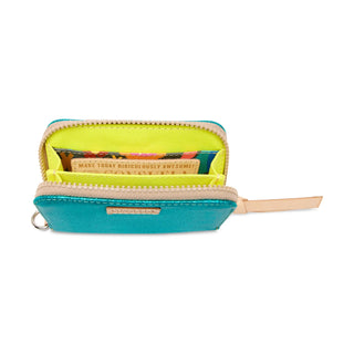 Open teal wallet with yellow interior showing colorful cards 