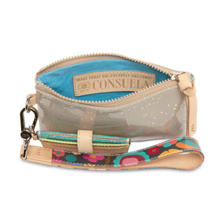 Open purse with colorful strap and visible Consuela branding