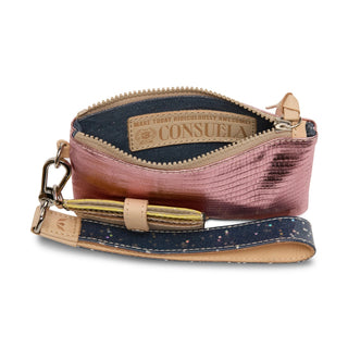 Pink lizard-embossed leather wallet with a strap, featuring the Consuela brand.