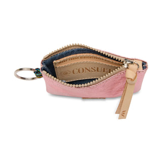 Pink keychain pouch with gold zipper and visible brand name