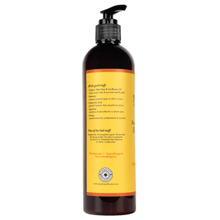 Orange Blossom Honey Lotion side profile showing vegan certification seal and hypoallergenic benefits on yellow label