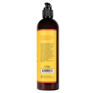 Orange Blossom Honey Lotion back view dark amber bottle with yellow ingredient label and black pump
