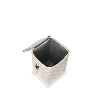 Open cream checkered insulated cooler bag with gray interior lining and clip closure