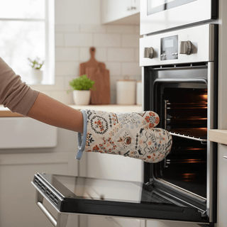 Home Sweet Home Oven Mitt in use reaching into oven