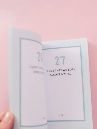 Open prompted journal showing page 27 reading I Love That We Both Always Want on pink background