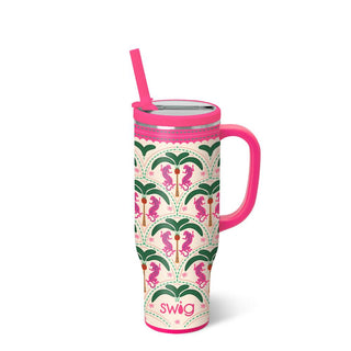 Tumbler with pink handle and straw featuring a seahorse and palm tree pattern 