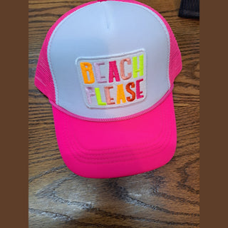 Beach please multicolored letter patch hot pink mesh trucker cap