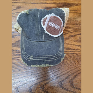Football lacing detail patch dark denim trucker cap angled side view