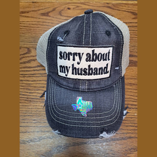 Sorry about my husband serif font patch dark washed denim trucker cap