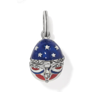 Closed patriotic egg charm with blue enamel stars and red white stripes silver latch