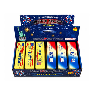 Limited edition box of 12 patriotic butter stick squishy toys with red white blue gradient and American flag motifs