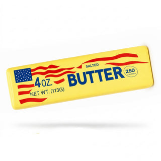 Yellow butter stick squishy toy featuring wavy red stripes and 250 calories badge on white background