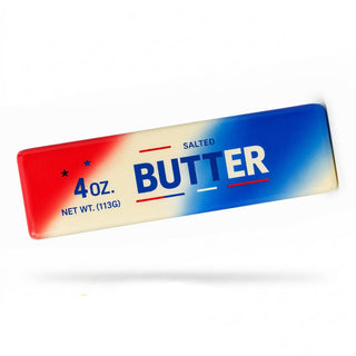 Red to blue ombre gradient butter stick squishy toy with salted butter label and star details
