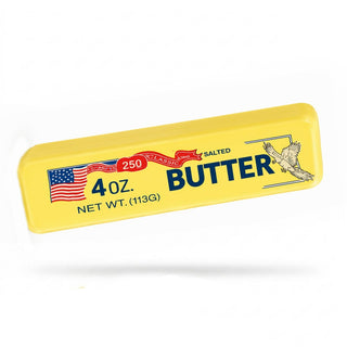 Yellow butter stick squishy toy with American flag design and 250 classic logo on matte finish