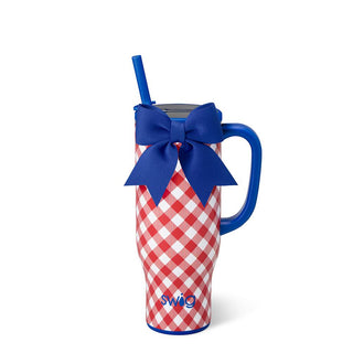 Red and white checkered mug with blue handle and bow, featuring the Swig logo.