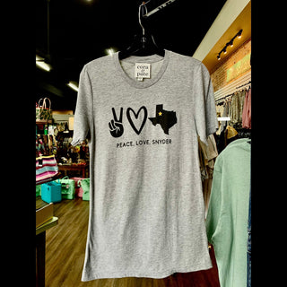 Gray heather cotton blend women's relaxed fit crew neck tee with Peace Love Snyder Texas graphic