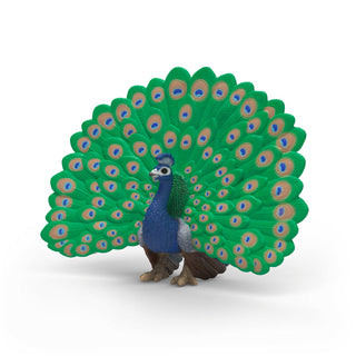 Schleich peacock figurine with fan-shaped green tail feathers fully displayed, facing forward
