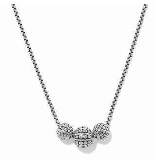 Brighton Pebble Dot Bola Trio Necklace featuring three patterned silver beads on a box chain