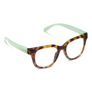 Peepers Buffy reading glasses in tortoise frame with mint green temple arms on white background