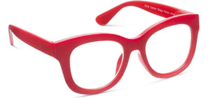Angled shot of vibrant red acetate reading glasses highlighting cat-eye shape depth