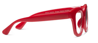 Side view of red Peepers reading glasses showing +0.50 magnification temple engraving