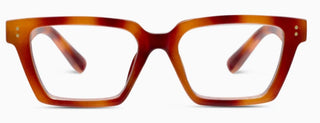 Flat lay of square Peepers Curtsy reading glasses in warm blonde tortoise with gold rivets