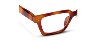 Close-up of Peepers Curtsy acetate frame hinge with gold-tone rivets and honey tortoise finish
