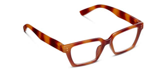 Three-quarter view of Peepers Curtsy reading glasses highlighting amber-to-honey tortoise swirls