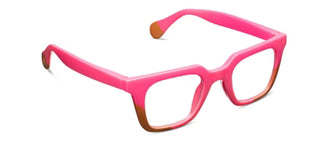 Close-up side angle of Peepers pink tan plastic frame reading glasses