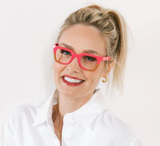 Woman wearing Peepers pink tan rectangular reading glasses lifestyle shot
