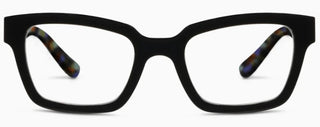 Front view of Peepers Siren black reading glasses featuring cobalt tortoise earpieces