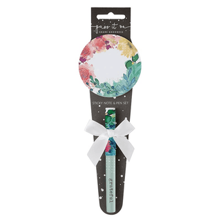 Pink coral floral sticky note and mint green pen set in black speckle gift box