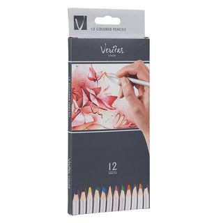 Veritas colored pencils packaging with a hand holding a pencil and artwork 